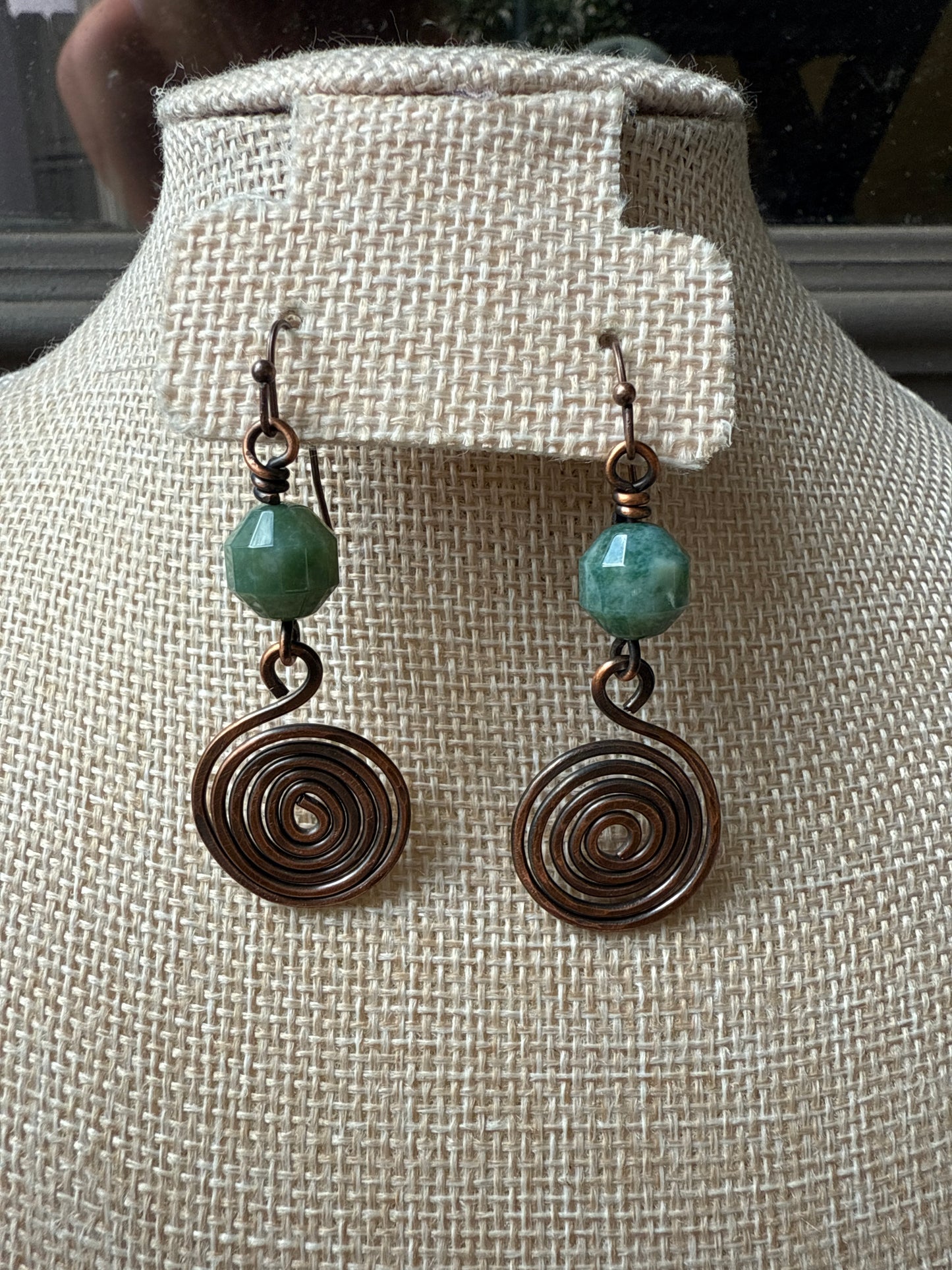Handcrafted Copper Spiral Earrings with Moss Agate Beads