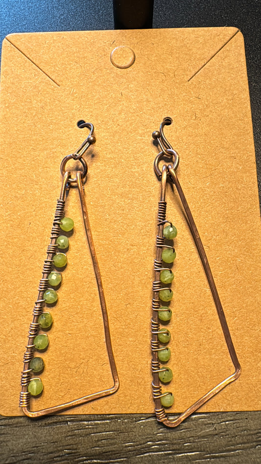 Funky Copper Triangle Earrings – Nephrite Jade Beads