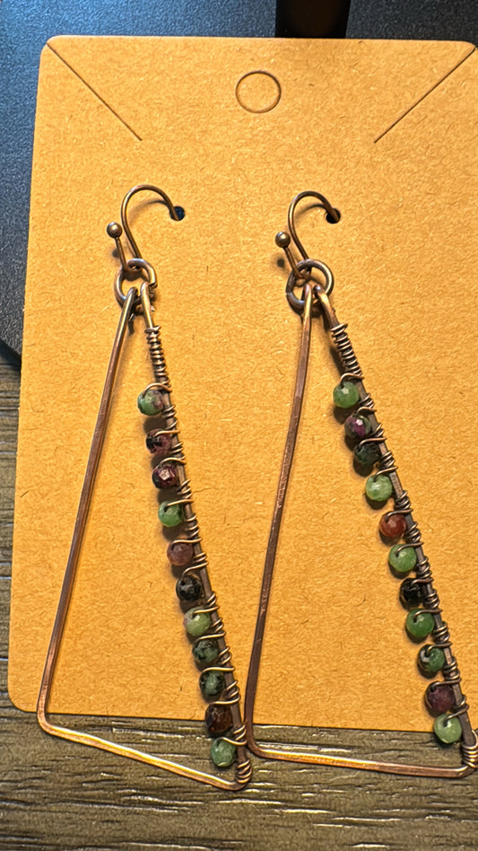 Artisan Copper Triangle Earrings with Ruby Fushite