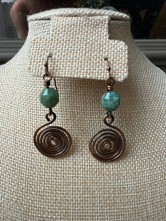 Handcrafted Copper Spiral Earrings with Moss Agate Beads